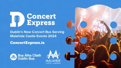 Static image with copy "concert Express, Dublin's new concert Bus serving Malahide Castle Events 2024"