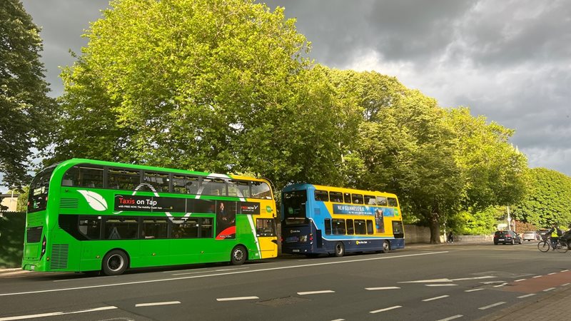 Image of two Dublin Buses from the side, yellow and green bus colour.
