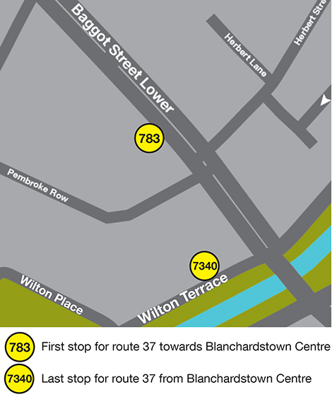 Image of Map showing new stop relocation for Stop 7340 Wilton Terrace, Dublin City South is now Stop 783 Baggot Street Lower, Dublin City South