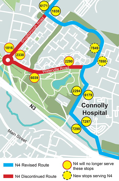 Image showing red route which is the discontinued N4 route, blue route shows revised N4 route, red circled bus stops are no longer served by Route N4 and broken black circle shows new stops served by Route N4