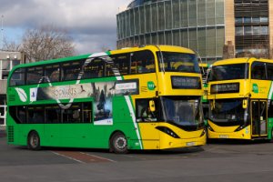 Image with two double decker Dublin Buses