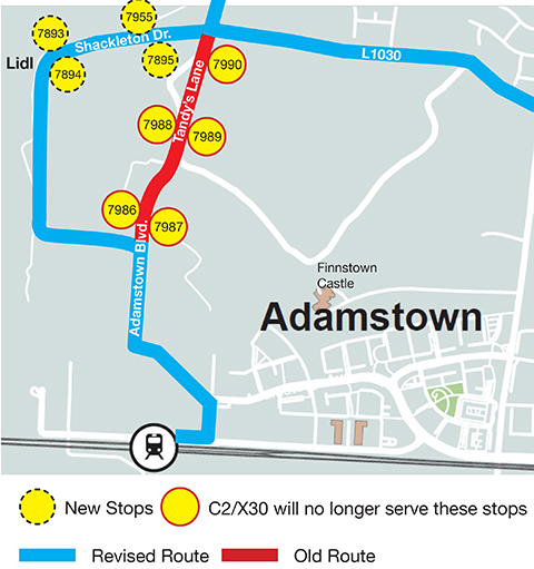 Image of map showing stops 7990, 7989, 7987 , 7986 and 7988 are no longer in use. Red line illustrates current route with stops being removed. New stops in use are stops 7893, 7894, 7895 and 7955. Blue line illustrates new routing.