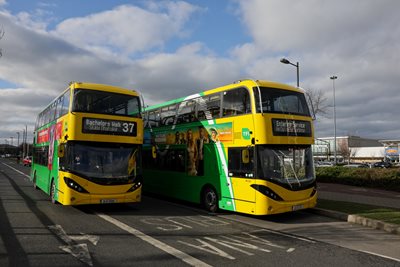 Image of two green and yellow Dublin Buses 