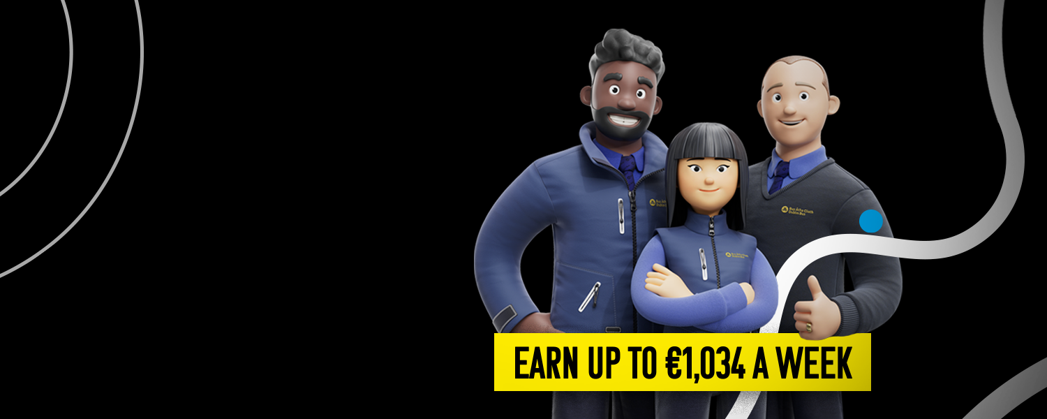 Image with 3 Cartoon Bus Drivers with text that reads Earn up to €1,034 a week