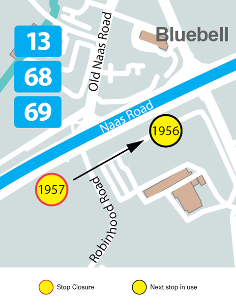 Image of map showing stop 1957 is closed. Arrow pointing to stop 1956 for nearest stop location