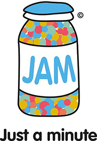 Image of animated Jam jar with text "Jam" on the label and "just a minute" written underneath itj