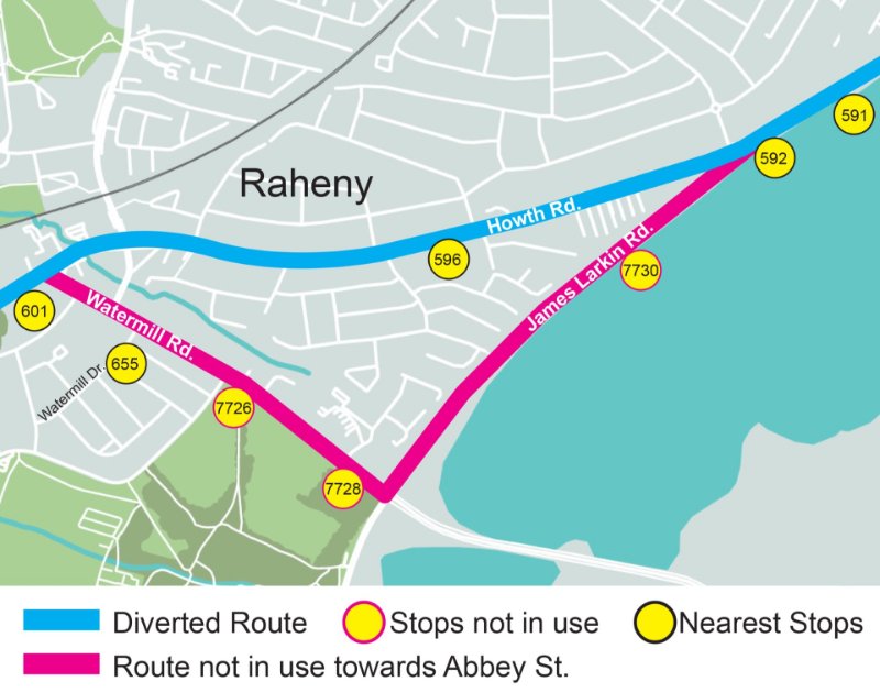Dublin Bus Route 6 diversions closing off stops 655, 7726, 7728, and 7730 highlighted in pink. Alternative route and stops outlined in blue along with nearest stops 591, 592, 596, and 601 Dublin Bus Route 6 diversions closing off stops 655, 7726, 7728, and 7730 highlighted in pink. Alternative route and stops outlined in blue along with nearest stops 591, 592, 596, and 601