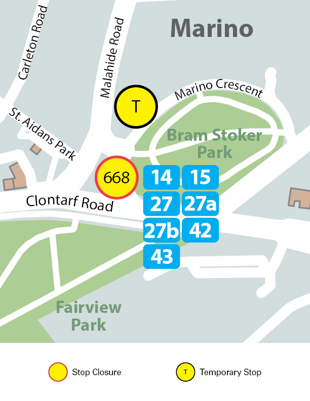 Map showing stop 668 not in use and temporary stop location