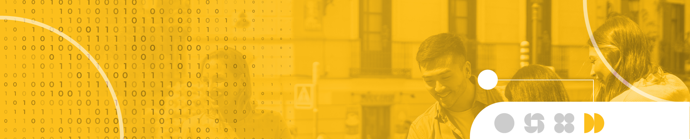 Yellow graphic with five people chatting