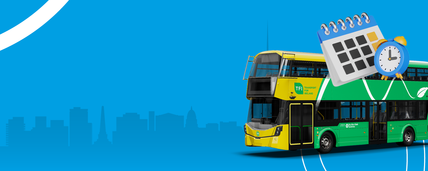 Blue website graphic featuring city skyline outline along side a double decker bus and calendar icon