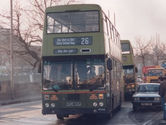 Image of vintage Dublin Bus fleet vehicle, traditional green coloured double decker bus