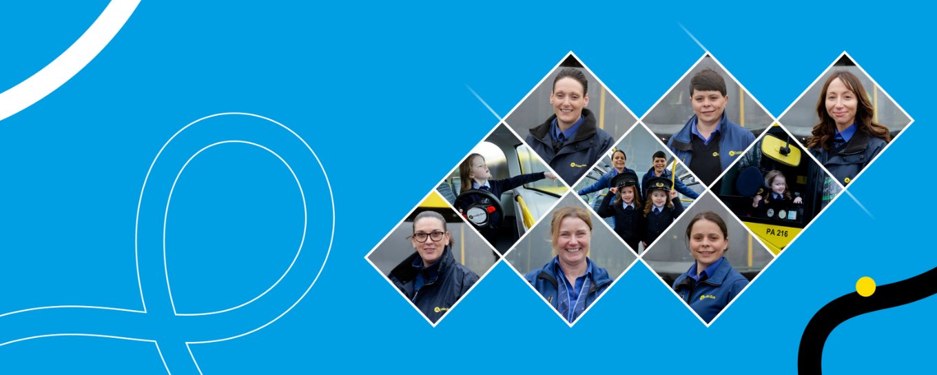 Image for banner of the Dublin Bus website, blue background with six Dublin Bus employees and two children to support the 'More Mná' campaign to recruit more female drivers