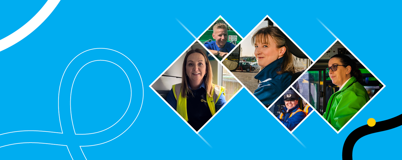 Image of 5 female bus drivers on a blue background with text that reads Female Recruitment Open Day, Register Here'
