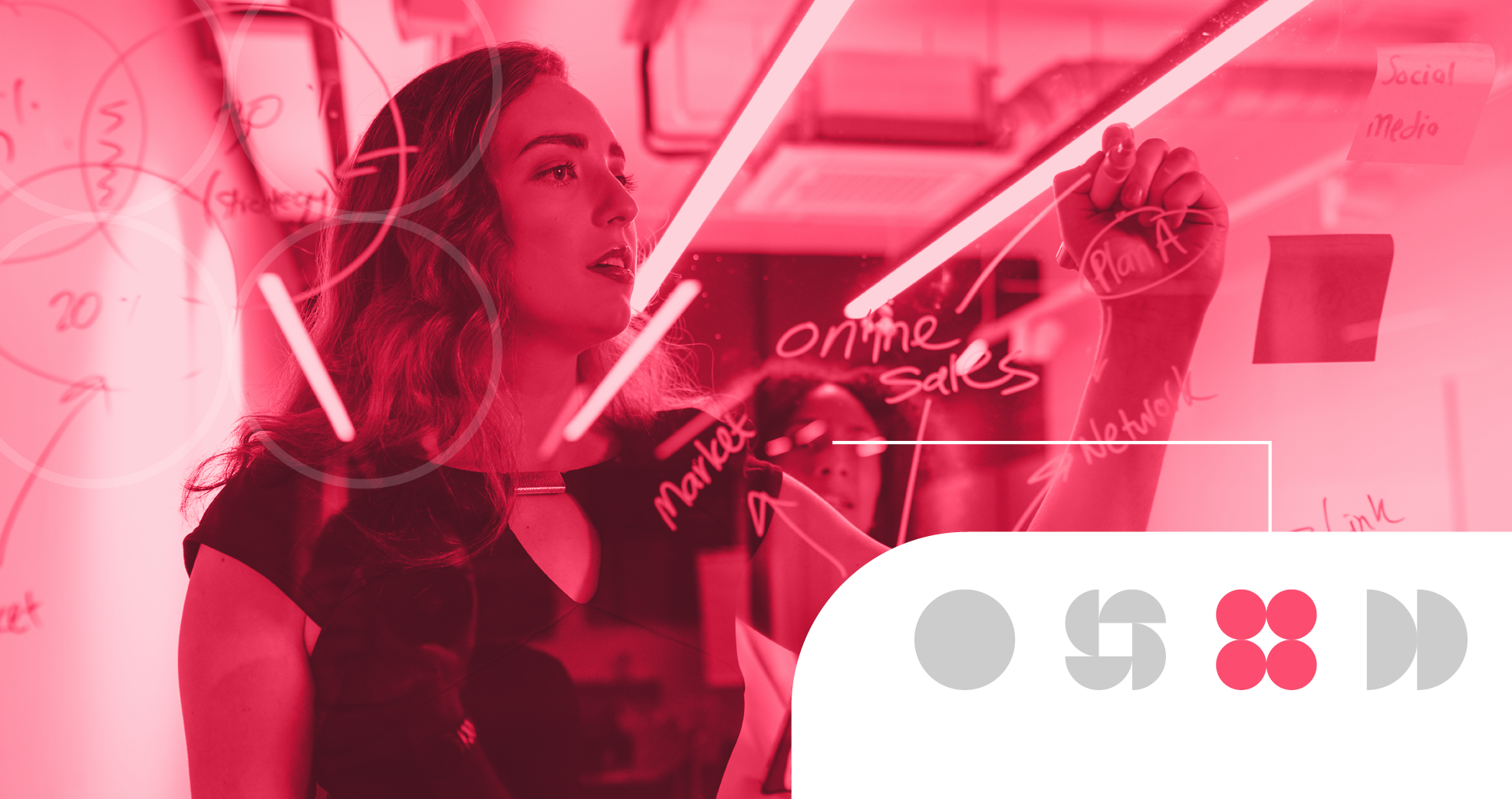Red graphic with woman writing on board