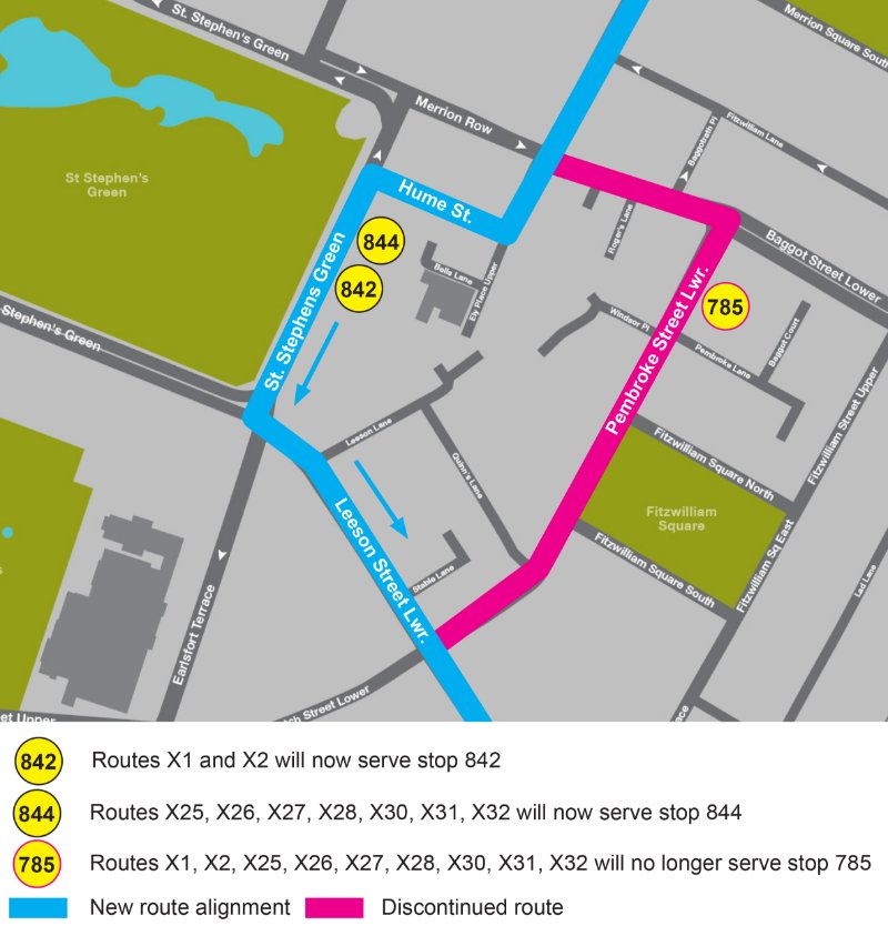 New route alighment map for Xpressos, blue route shows new route serving Merrion Street Upper, divert via Hume Street, St. Stephen's Green, Earlsfort Terrace. Old route is pink is serves Penbroke Street Lower, Old Stop is 785 and news stops are 842 and 844 New route alighment map for Xpressos, blue route shows new route serving Merrion Street Upper, divert via Hume Street, St. Stephen's Green, Earlsfort Terrace. Old route is pink is serves Penbroke Street Lower, Old Stop is 785 and news stops are 842 and 844