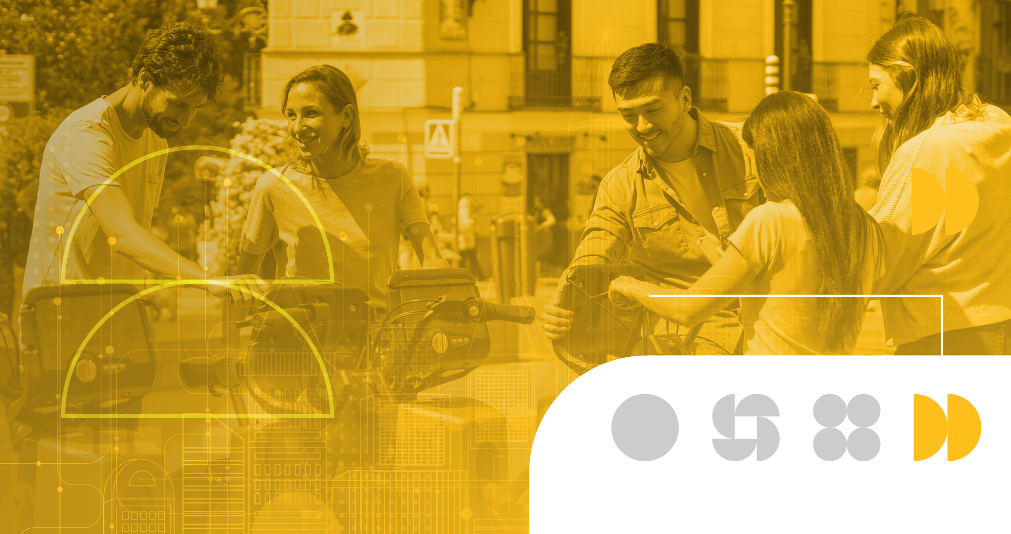 Yellow graphic with five people chatting