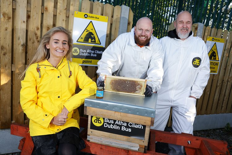 Image of two Dublin Bus employees who are also beekeepers on the right, a lady in yellow jacket on the left and in the middle is the bee hive with a pot of honey