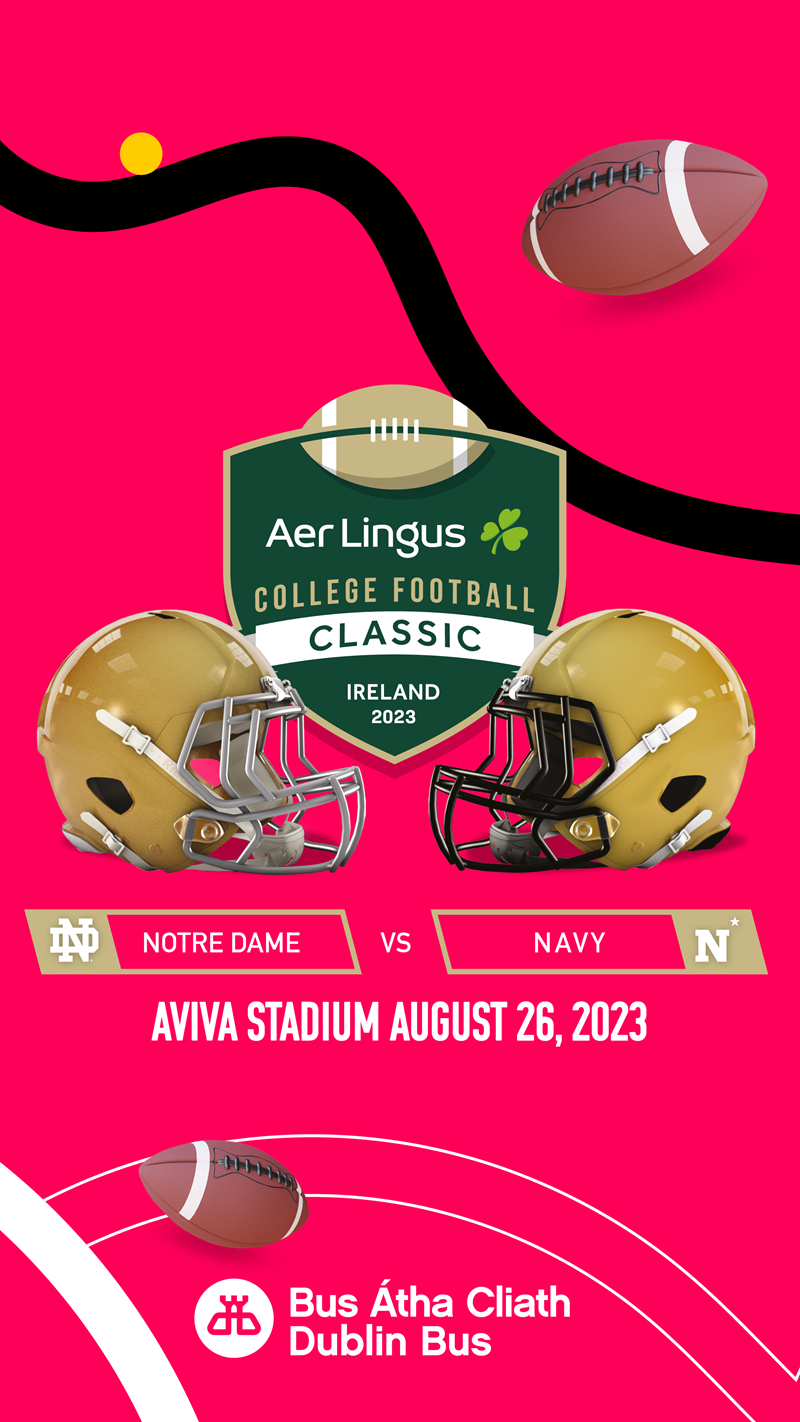 Image of two American Football helmets facing each other, with Notre Dame crest, Navy crest and Aer Lingus logo with text 'Aviva Stadium 26 August 2023'