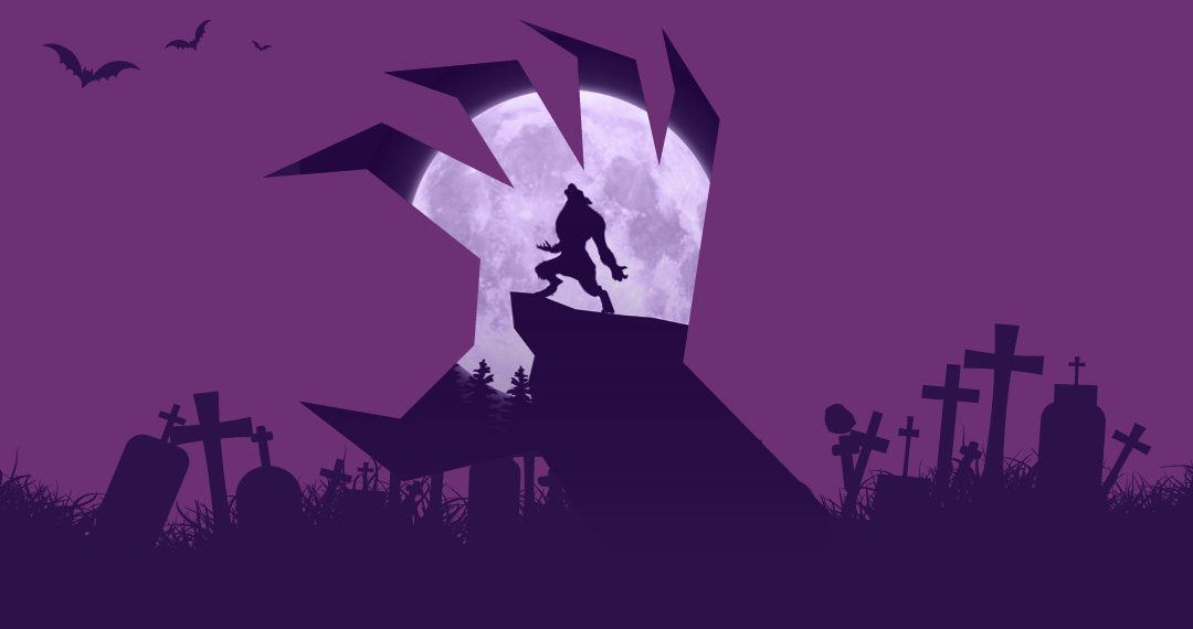 Purple animated image of claw and warewolf for DoDublin's kids ghostbus tour