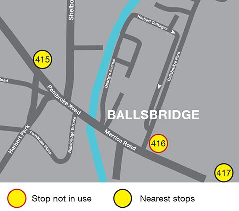 Map showing the Ballsbridge area. Stop 416 is not in use. Nearest stops are stops 415 and 417