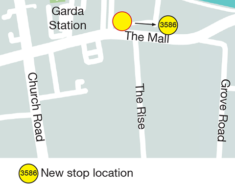 Map showing Malahide Village and new stop location for stop 3586 which is 60 metres East of the current stop