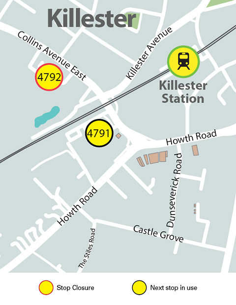 Image of map showing Killester area, stop 4792 is closed, next stop in use is stop 4791