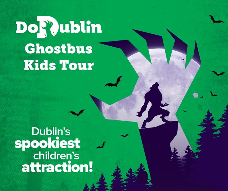 Animated Image of scary white claw and copy that reads 'DoDublin Ghostbus Kids Tour. Dublin's spookiest children's attraction