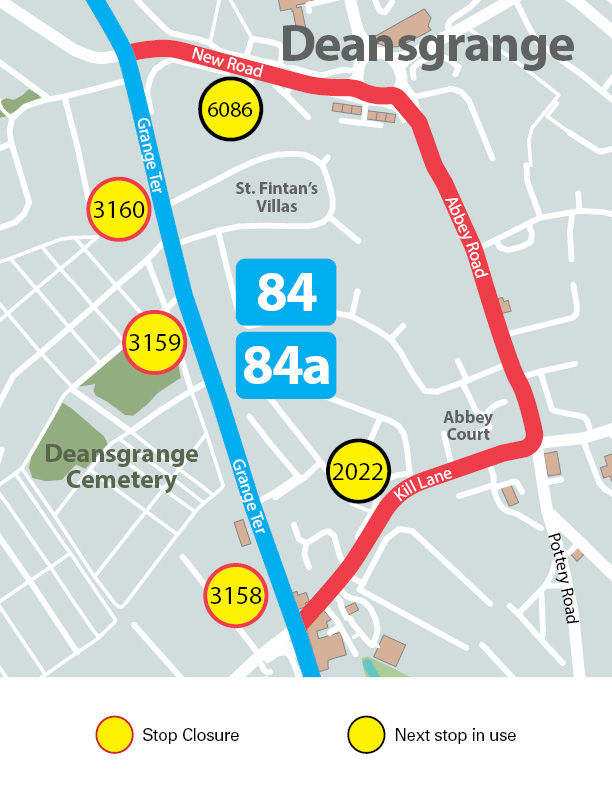 Map showing Deansgrange area, with stops not in use and nearest stop location