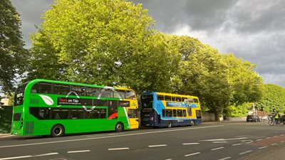 Side view of two Dublin Buses parked at the side of the road