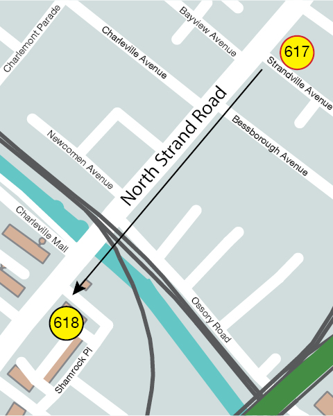 Image of map showing North Strand Area, stop 617 is not in use, arrow pointing to stop 619 for nearest stop location