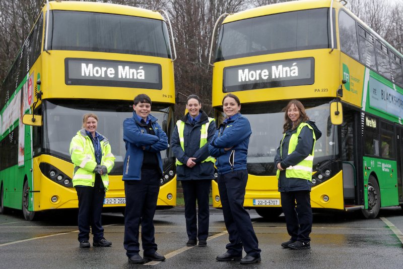 Image of fiver female Dublin Bus drivers for our more mná campaign, encouraging more female bus drivers to join the company