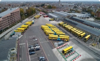 Aerial Photo of buses lined up in depot