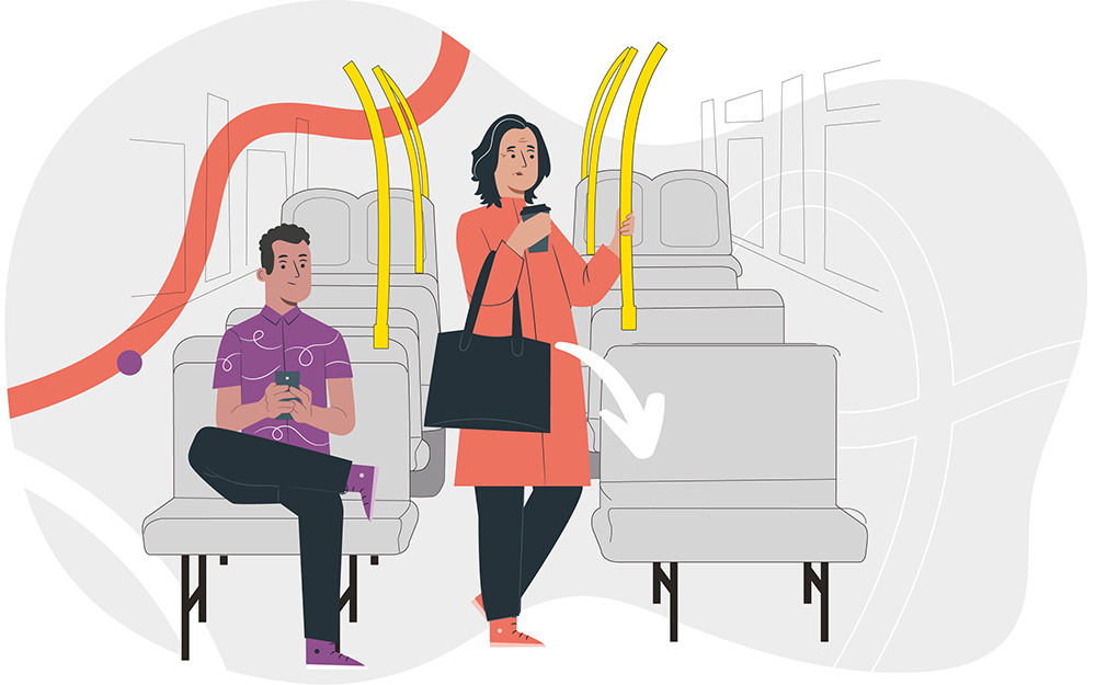 Animation of customer sitting on seat in bus