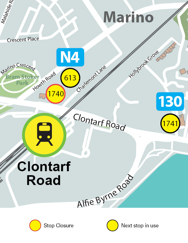 Map showing closure of stop 1740 and closest stop for route Route N4 is 613 and closest stop for Route 130 is 1741