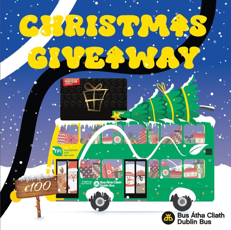 Image for Christmas giveaway with a Dublin Bus and a Christmas tree on top with a One4All giftcard