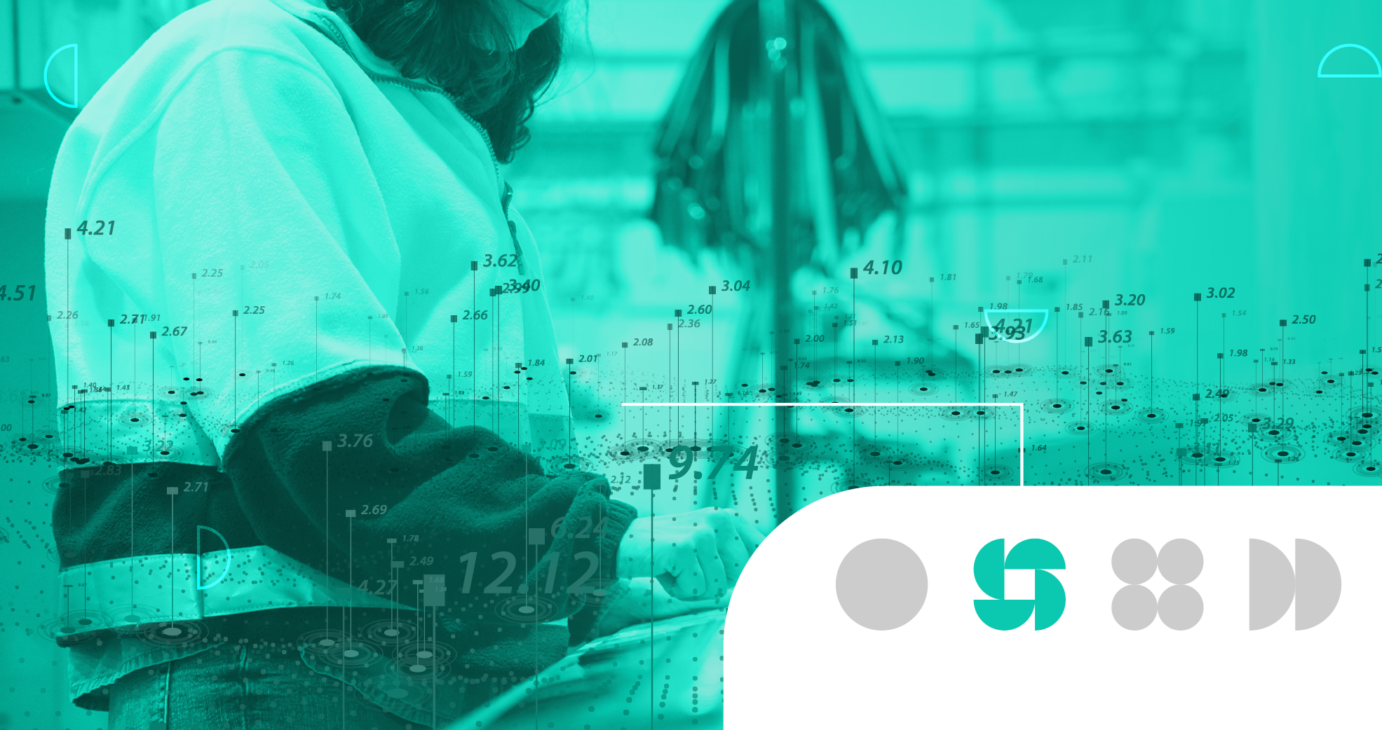 green graphic with woman working