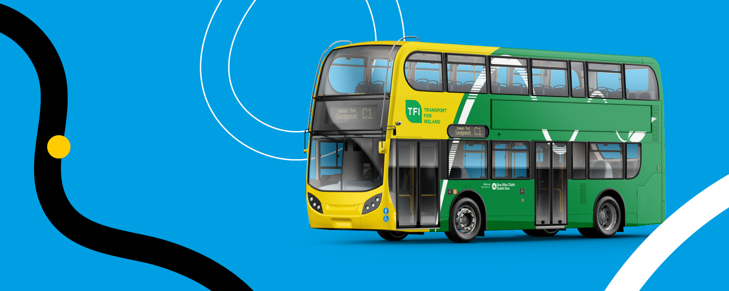 Dublin Bus website graphic featuring a double decker bus on a blue background
