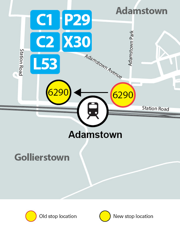Map showing stop 6290 at Adamstown Station which is now being moved 150 metres past the current location