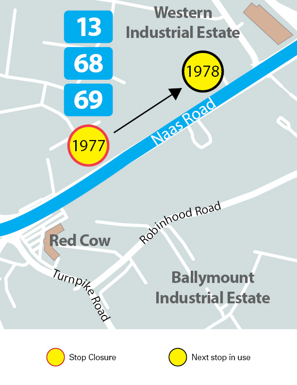 Map showing Naas Road, stop not in use 1977 and nearest stop 1978