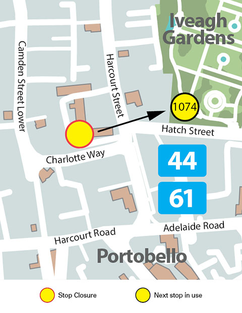 Image of Map showing stop 1074 Charlotte Way, Camden Court Hotel has been relocated to Hatch Street