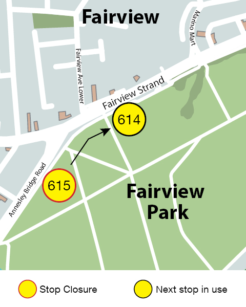 Image showing map of Fairview area. Stop 615 Annesley Bridge not in use, arrow pointing to to stop 614 Fairview for nearest stop location