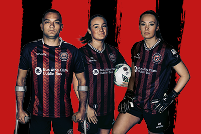 1 male bohs player and 2 female bohs players in front of red and black background