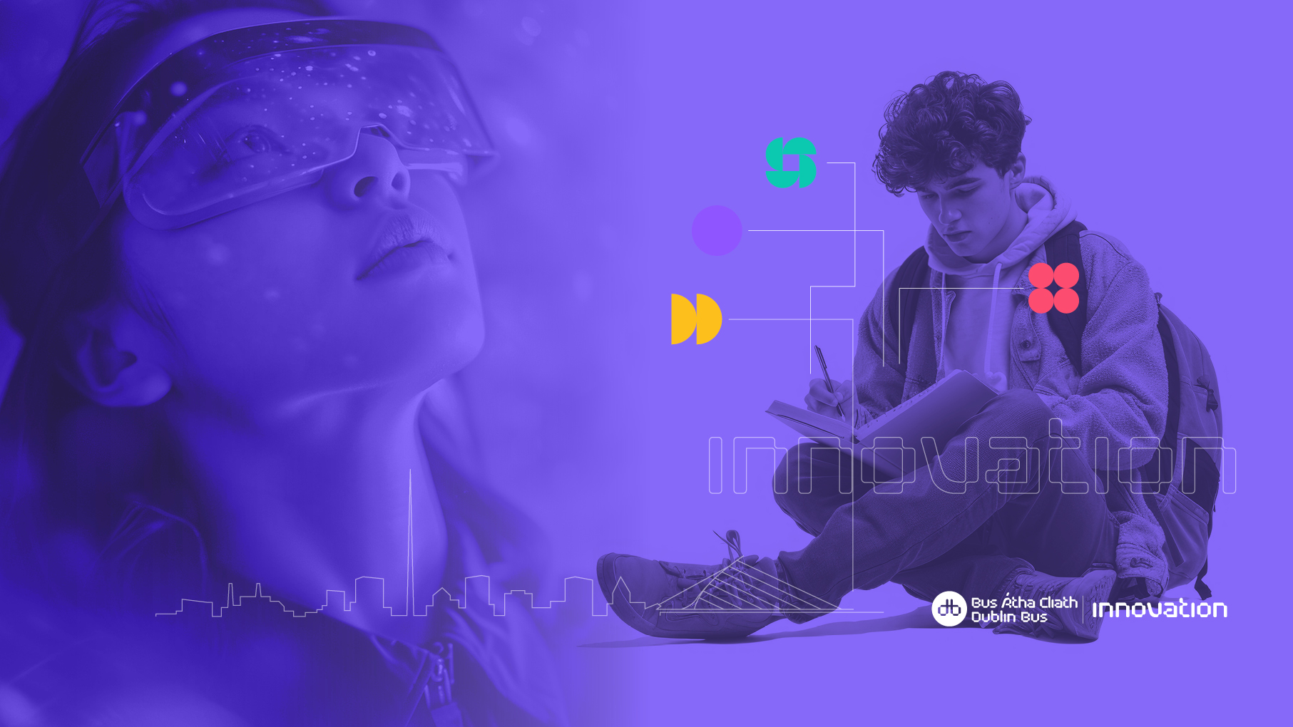 purple graphic with two people 