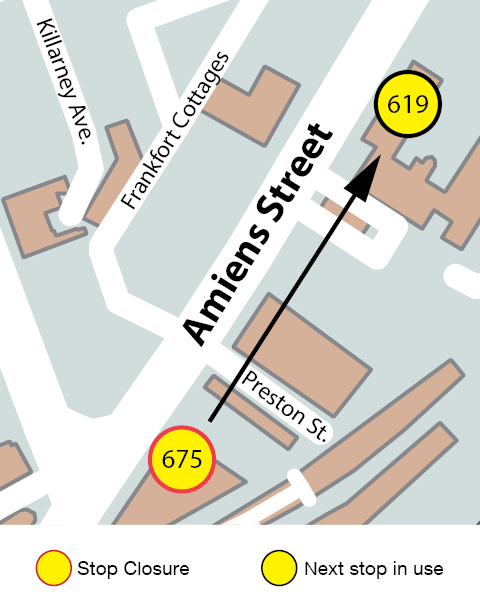 Map of Amiens Street, stop closure of stop 675 Buckingham Street Lower and arrow pointing to stop 619 Amiens Street for nearest stop location