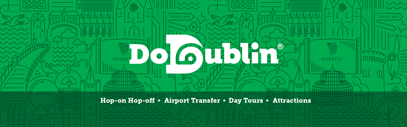Green image with DoDublin logo in white, with copy that reads: Hop-on Hop-off, airport transfer, day tours and attractions