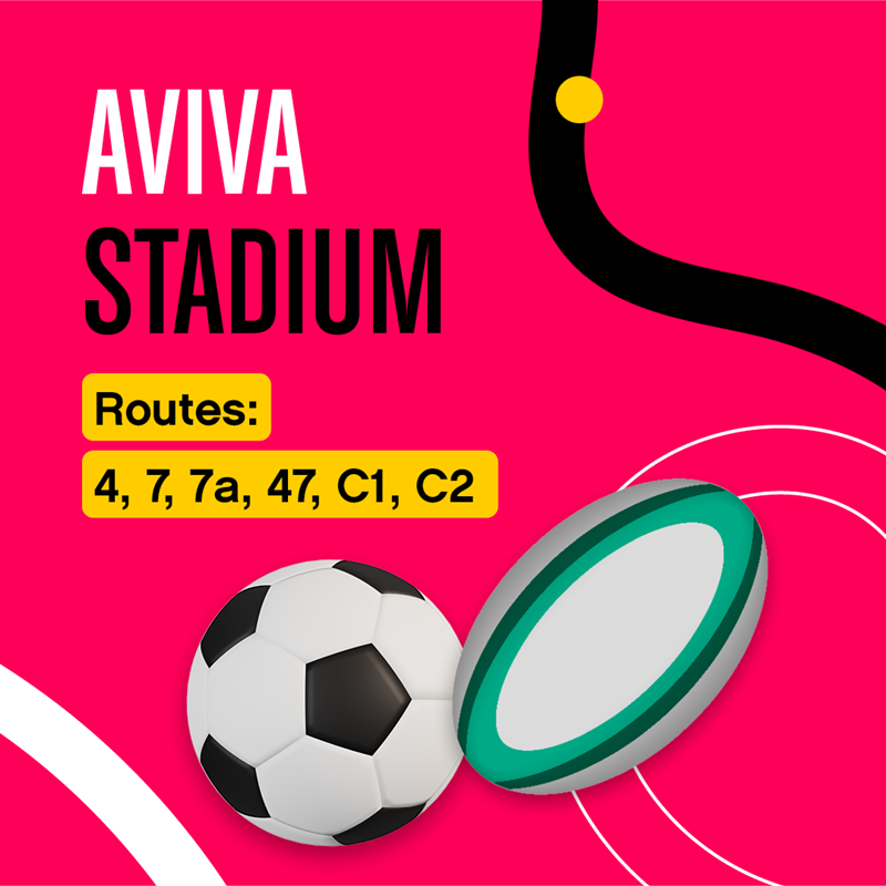 Twitter Animated Football and Rugby ball with list of Bus Routes that serve Aviva Stadium 