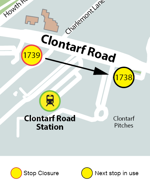 Map showing stop 1739 Clontarf Station, Clontarf Road is not in use, arrow pointing to stop 1738 Clontarf Road Pitches, Alfie Byrne Road for nearest stop location