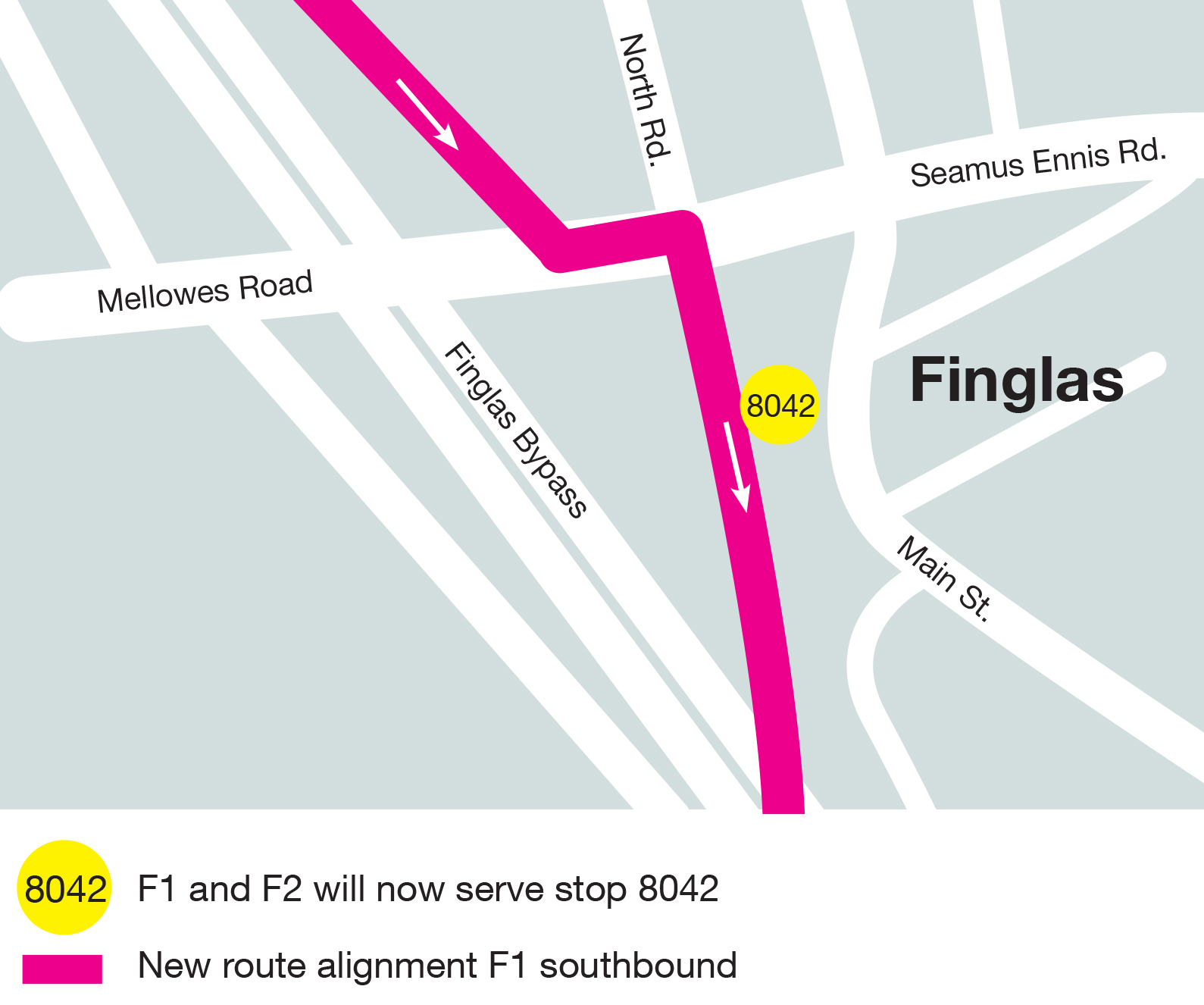 Map of finglas bypass, pink line to show new route alignment for F1, stop 8042 appears on slip road. Copy reads F1 and F2 will now serve stop 8042. New route alignment F1 southbound