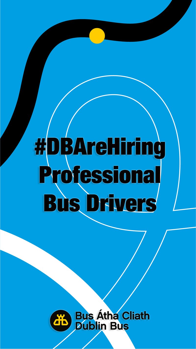 Blue animated image with test that reads 'Dublin Bus are hiring professional bus drivers'