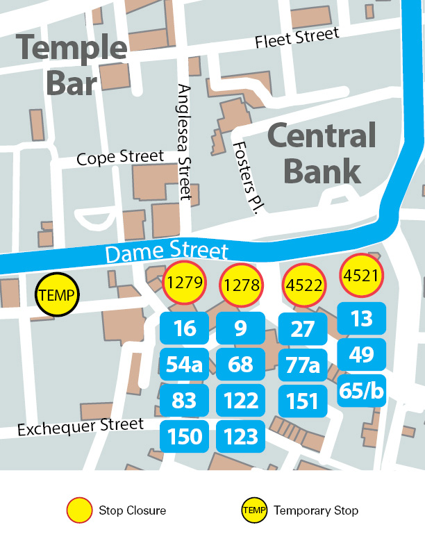 Map showing Dame Street area and bus stops not in use and temporary stop location